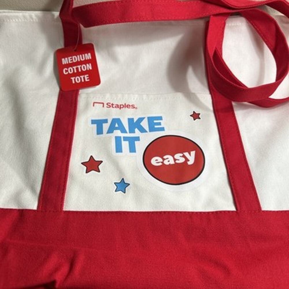 NWT! Staples Take It Easy Canvas Foldable Reusable Tote Bag Red/White/Blue